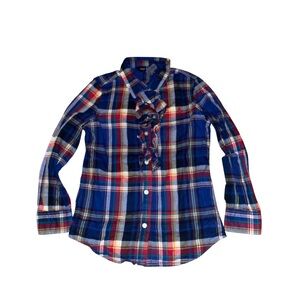 Ralph Lauren Girls Navy Blue Red Plaid Ruffle Button-Down Shirt